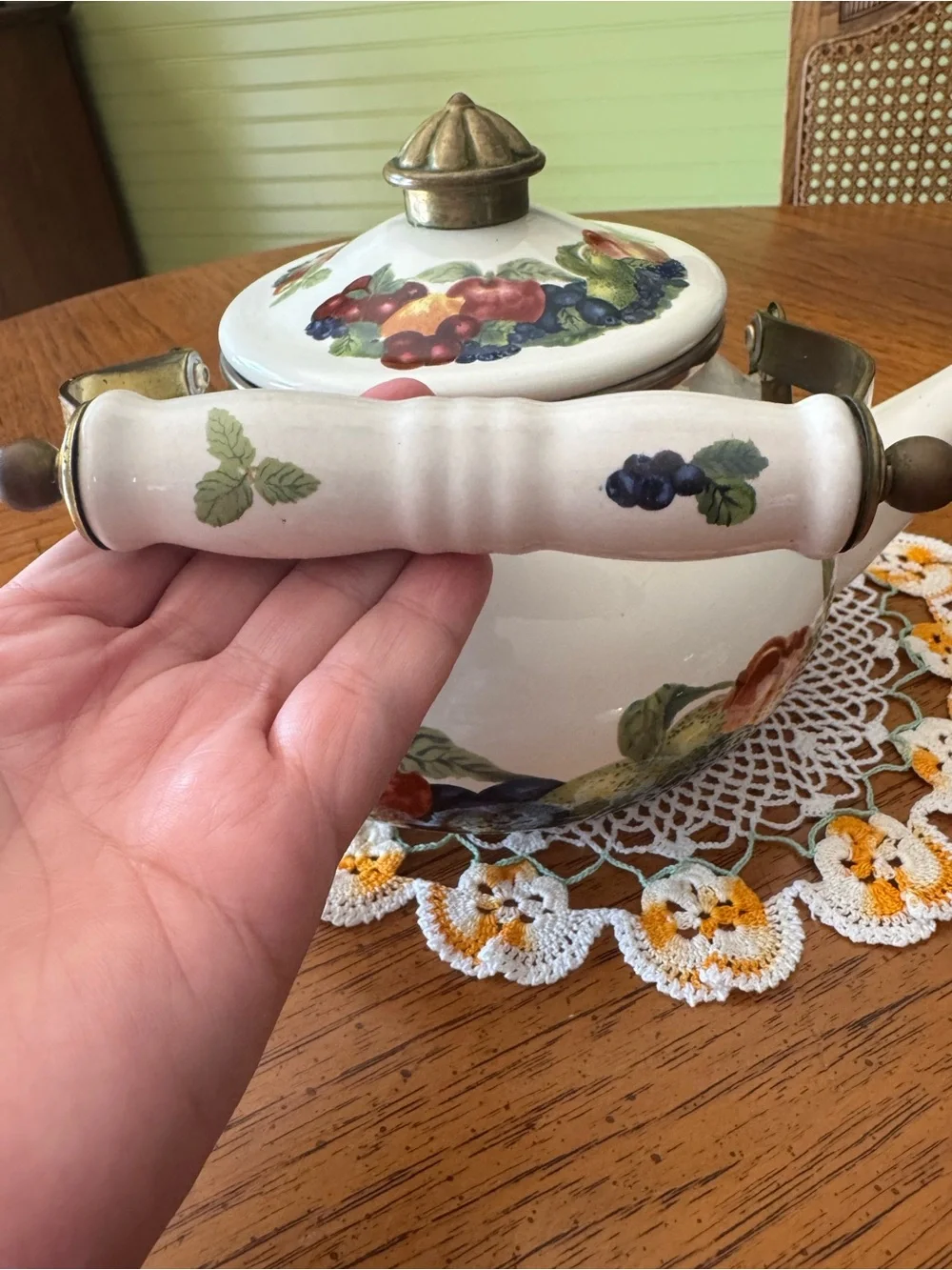 Vintage Regency Emanel Floral Ceramic Teapot with Brass Handle - White Base
